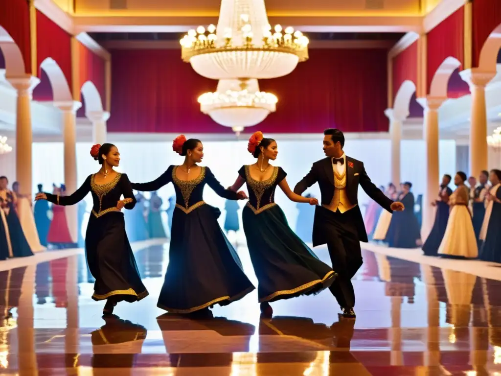 Elegante baile de danzas tradicionales en cenas de gala, en un opulento salón con iluminación suave y vestimenta vibrante