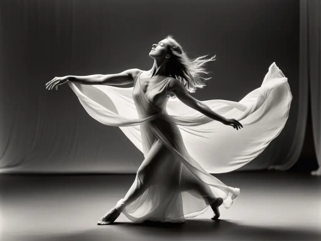 Isadora Duncan en un elegante baile documentado en blanco y negro, proyecta una sensación de gracia y maestría artística