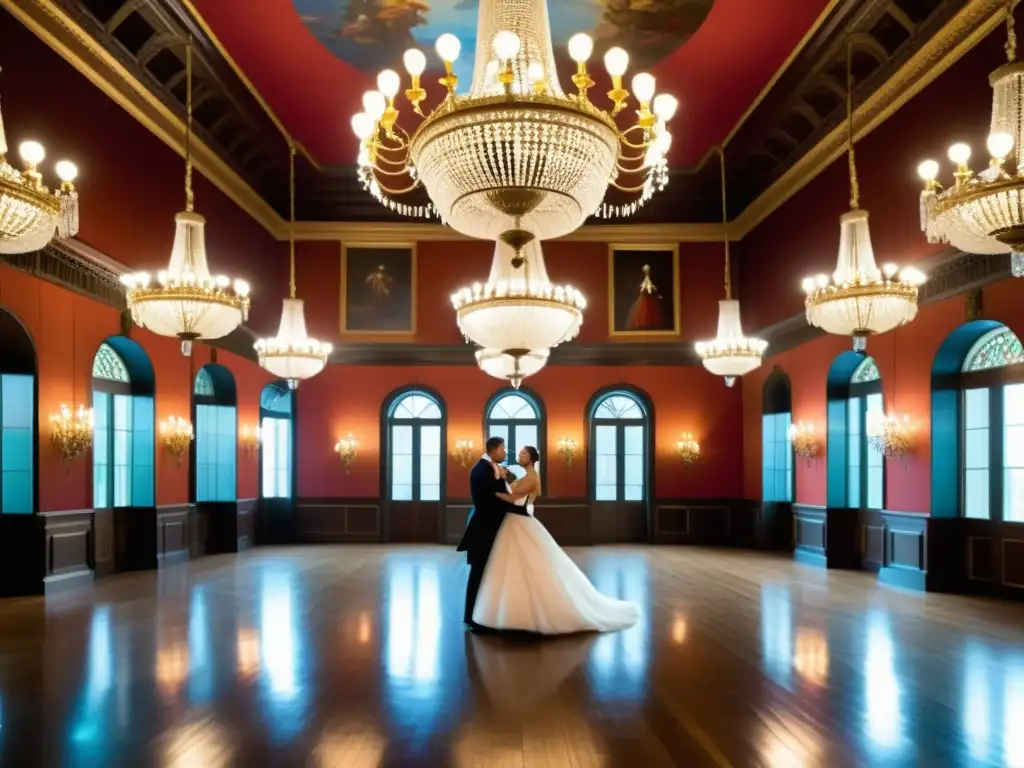 Elegante baile de la Polonaise en un opulento salón, reflejando el origen y significado cultural de la Polonaise en Polonia