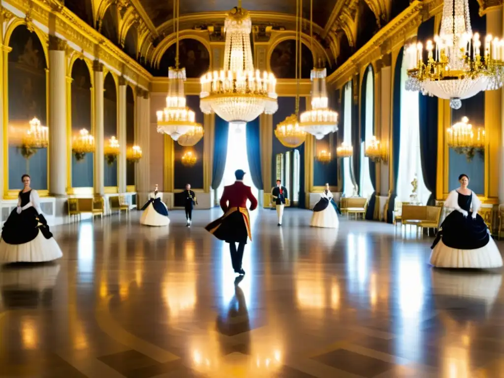 Elegante baile de Quadrille Francesa en el opulento salón de Versalles, con danzarines en trajes del siglo XVIII