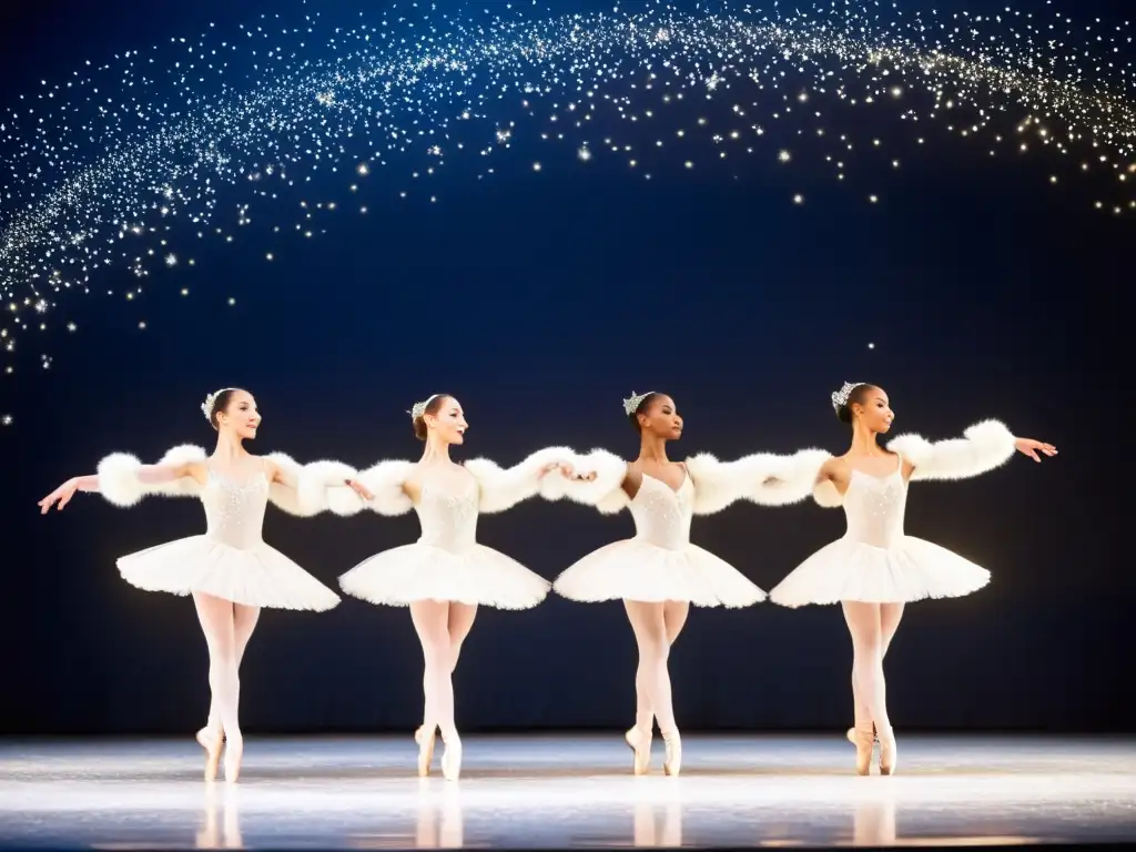 Elegante entrenamiento de danza en clima invernal, con bailarines gráciles y trajes adornados con copos de nieve