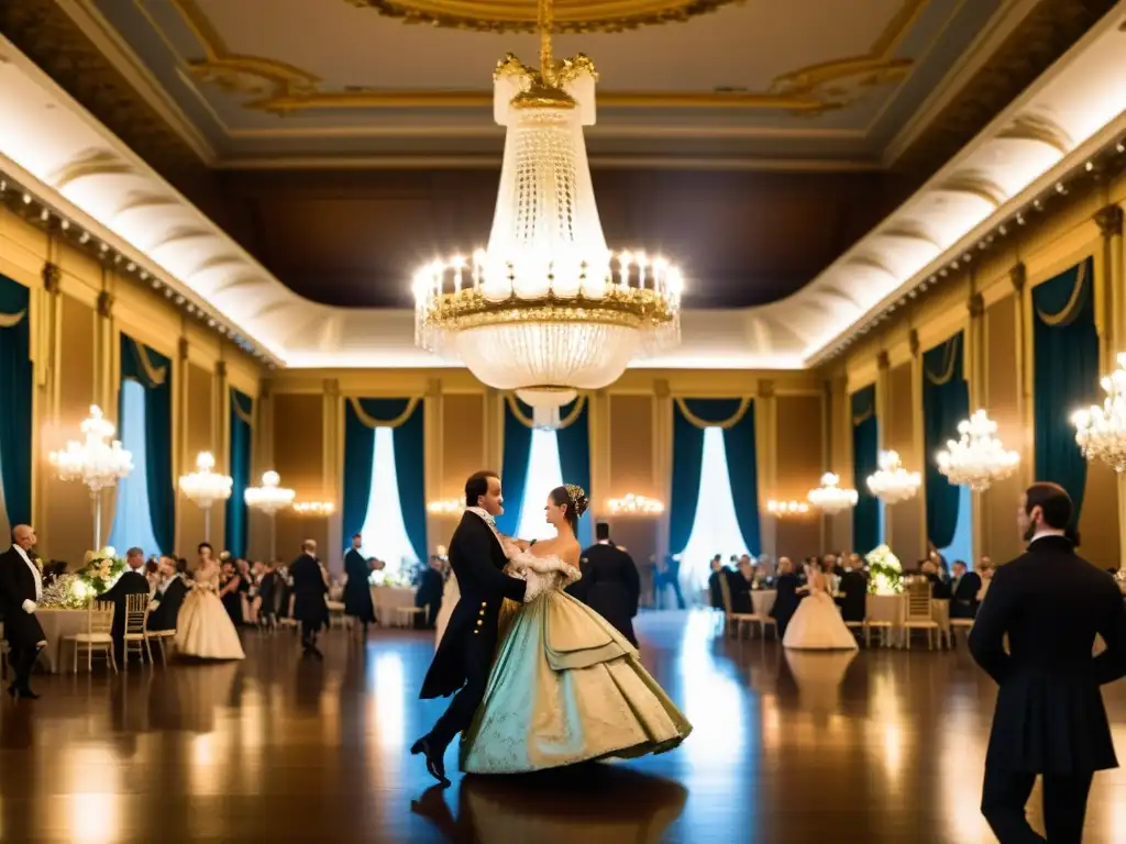 Una elegante escena del siglo XVIII, nobles danzando el minué en un suntuoso salón iluminado por candelabros