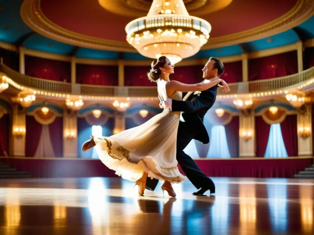 Una elegante pareja baila la danza de salón en Blackpool, capturando la gracia y precisión en el histórico salón de baile de la Torre de Blackpool