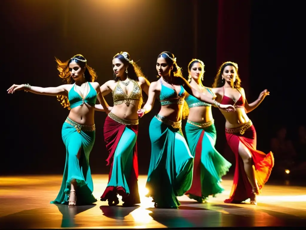 Elegantes bailarinas de danza del vientre ejecutando la 'Danza de los 7 Velos' en un escenario tenue, destacando la técnica y fluidez de la danza