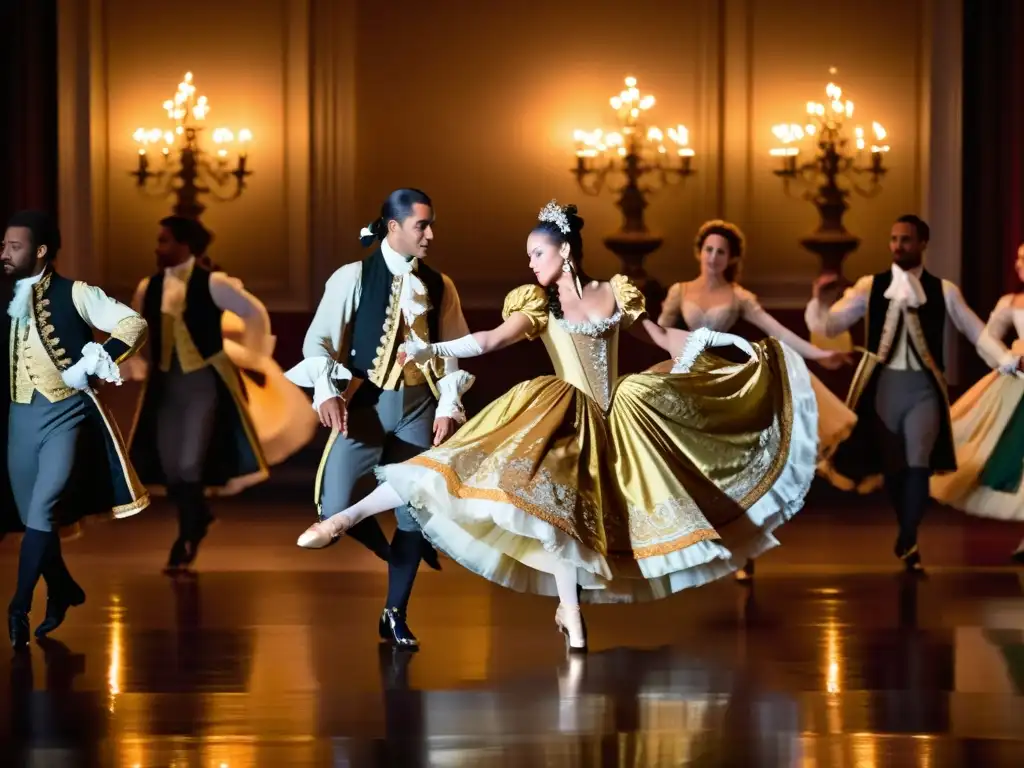 Elegantes bailarines ejecutan la Gigue Francesa en un opulento salón iluminado por velas