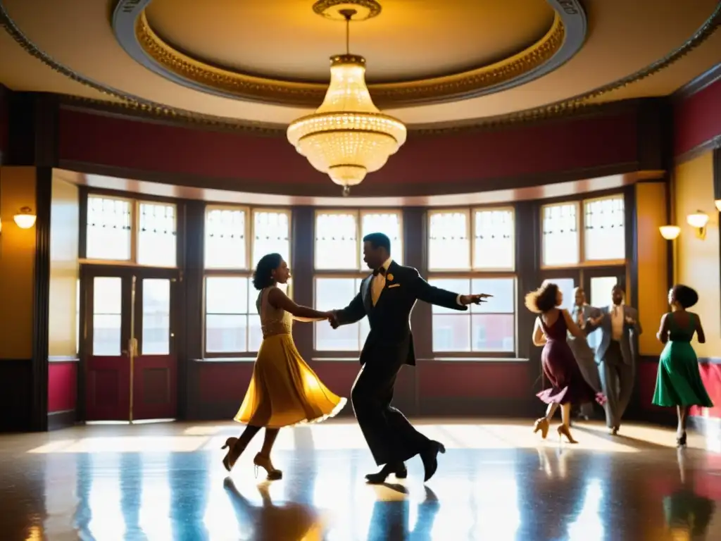 Elegantes bailarines de Lindy Hop frente al histórico Savoy Ballroom, evocando el Festival Lindy Hop años dorados