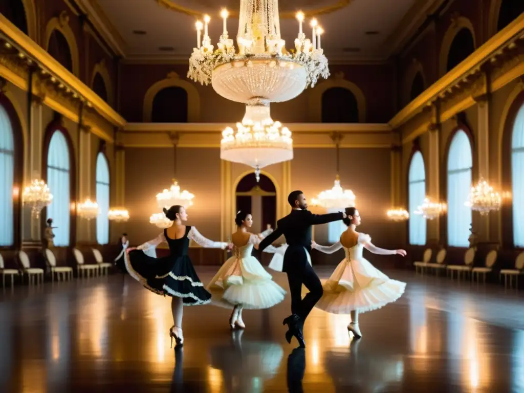 Elegantes bailarines practican pasos de baile barroco francés en un majestuoso salón con música clásica de fondo