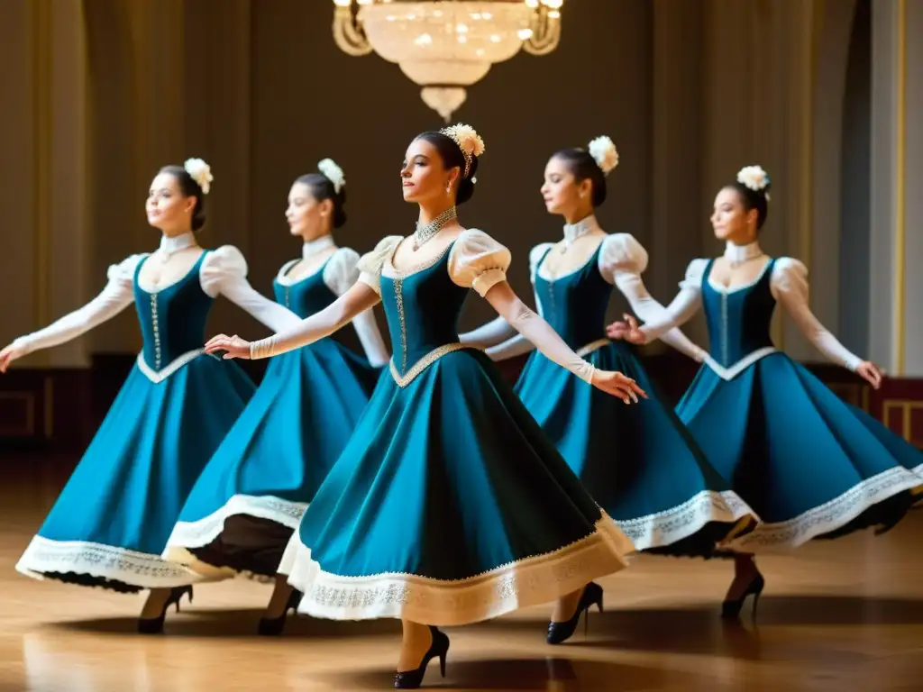 Elegantes bailarines ejecutan Patrones de coordinación en Quadrille Francesa, mostrando la belleza y precisión de esta danza tradicional francesa