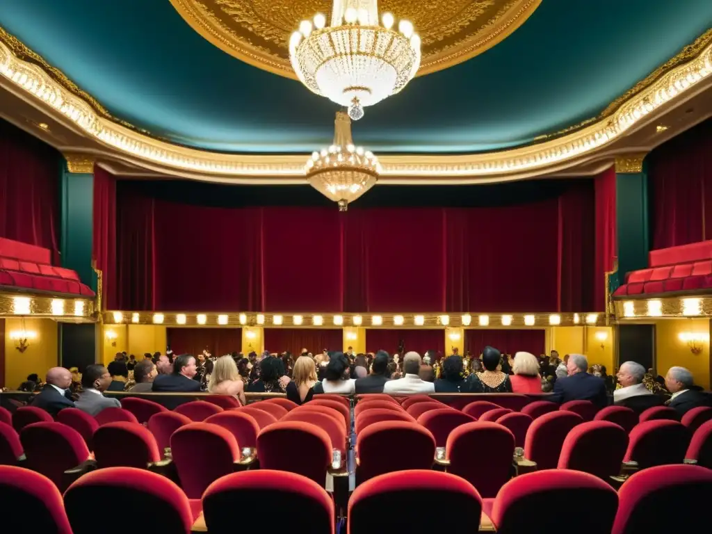 Elegantes invitados VIP disfrutan de un evento de danza con paquetes VIP en un teatro histórico opulento, observando una impresionante actuación llena de color y gracia