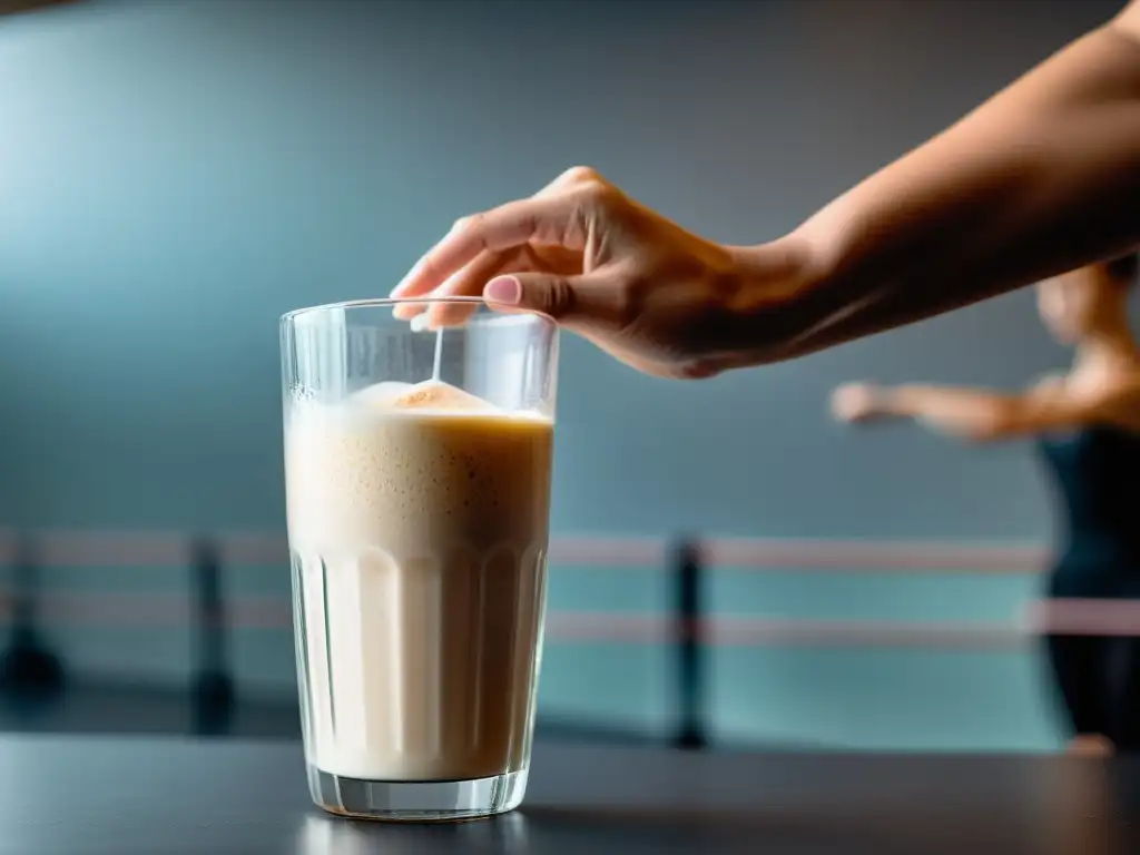 Las elegantes manos de una bailarina sostienen un batido de proteínas en un estudio de danza, simbolizando la fusión de nutrición y arte