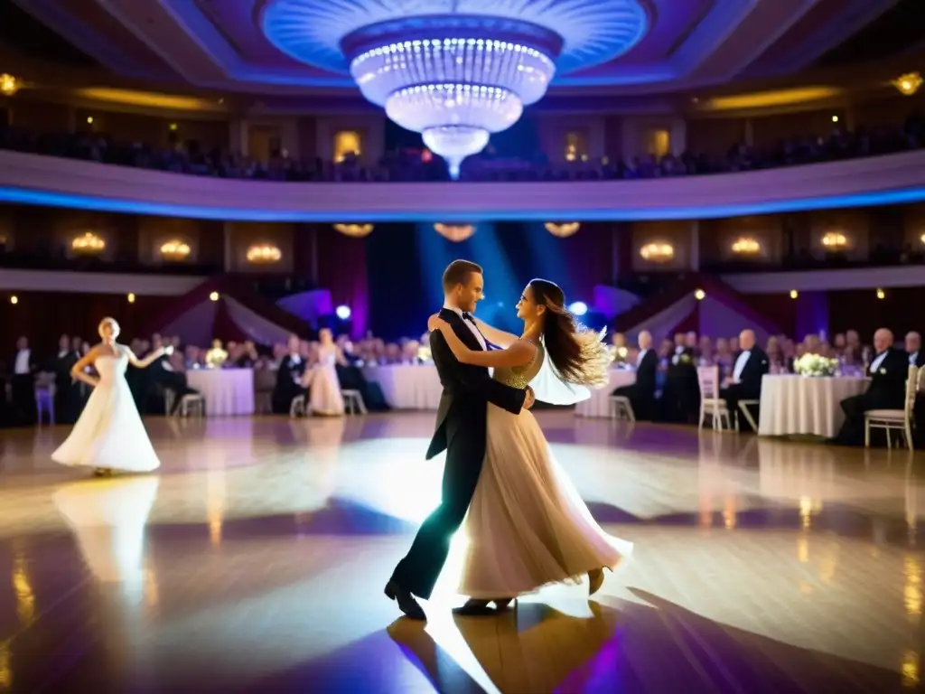 Elegantes parejas compitiendo en la danza de salón en Blackpool, con movimientos precisos y trajes deslumbrantes en un majestuoso salón de baile