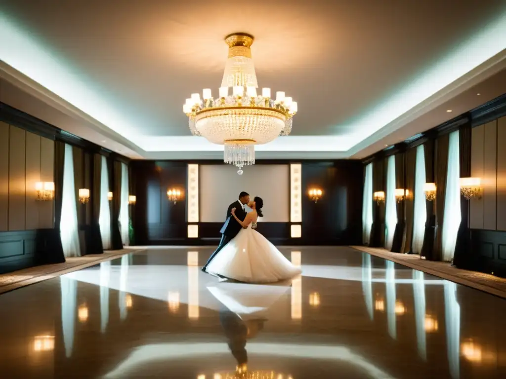 Elegantes parejas danzando en un salón iluminado por candelabros de cristal, evocando el significado cultural del Vals Vienés