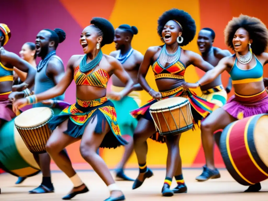 Un emocionante baile africano en trajes tradicionales, con patrones coloridos y movimientos intrincados