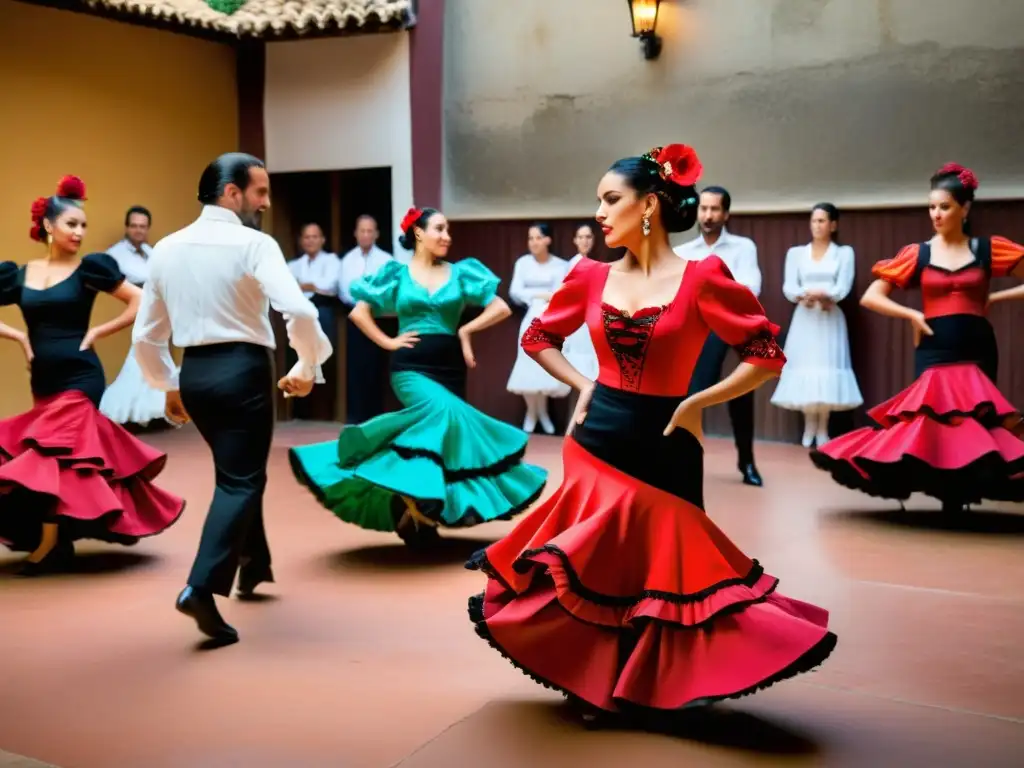 Un emocionante baile de flamenco Garrotín con trajes vibrantes y pasión, rodeado de espectadores