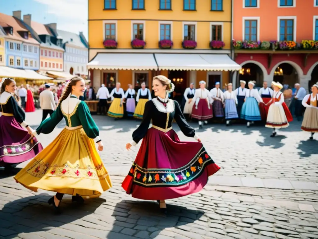 Un emocionante baile folclórico en Europa Central, con trajes tradicionales y arquitectura medieval