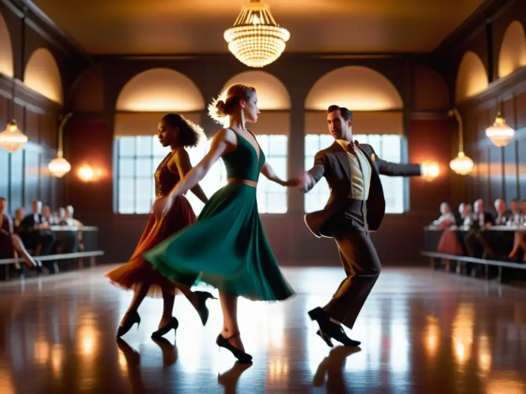 Un emocionante baile de Lindy Hop en un salón vintage iluminado con bombillas Edison