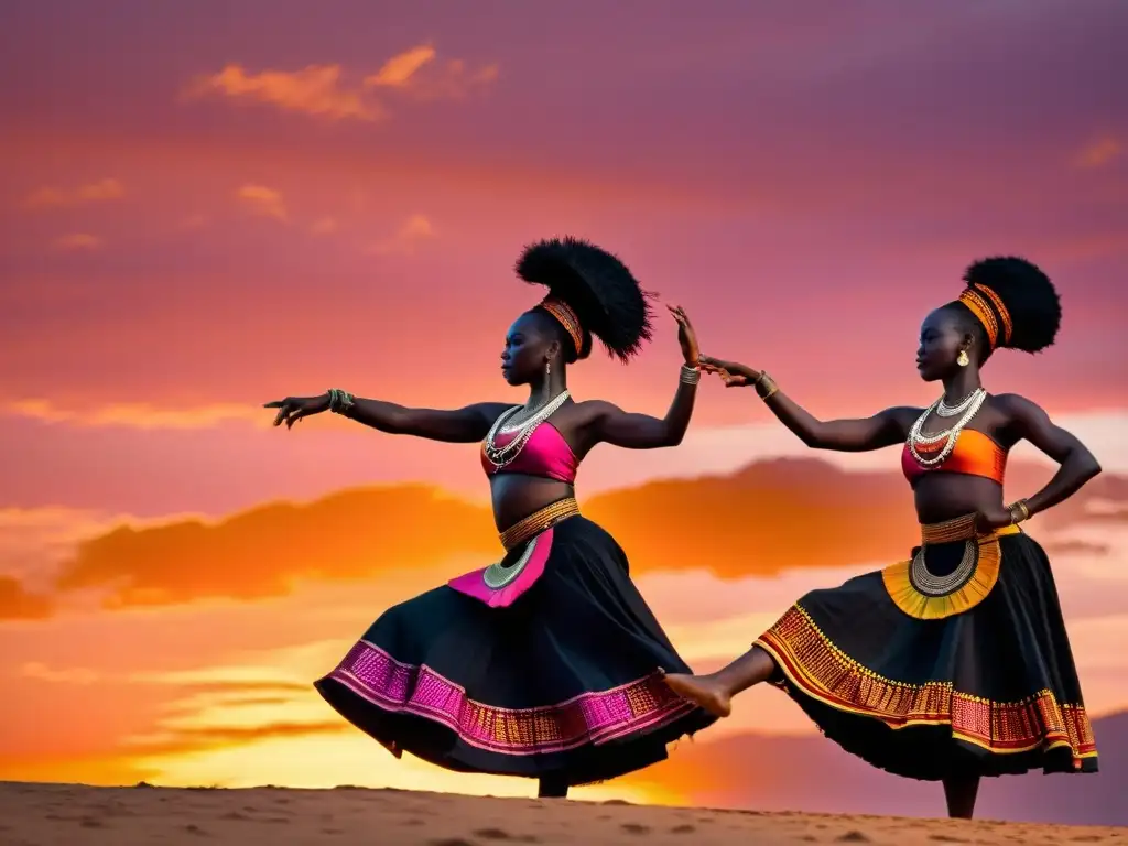 Un emocionante baile tradicional africano al atardecer, con danzantes silueteados contra el cielo anaranjado y rosa