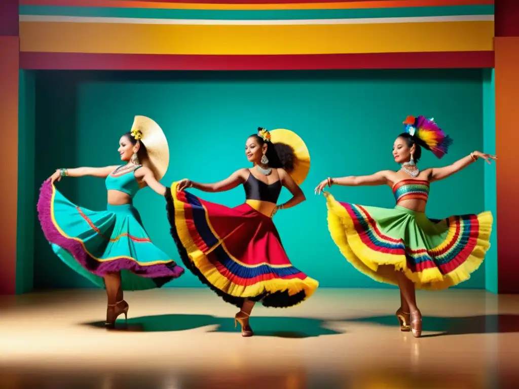 Un emocionante baile tradicional latinoamericano con trajes vibrantes y movimientos dinámicos, evocando la rica historia de las danzas tradicionales