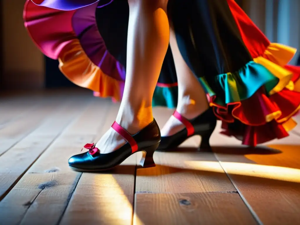 Un emocionante close-up de los pies de una bailaora de flamenco, transmitiendo el significado cultural de las bulerías flamencas con pasión y fuerza