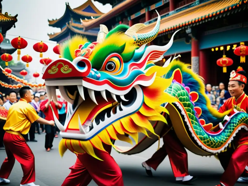 Emocionante danza del dragón chino, con vibrante traje largo y escamas coloridas, inmerso en la cultura y significado cultural