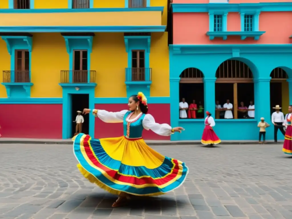 Una emocionante danza tradicional colombiana capturada en una vibrante plaza llena de coloridos edificios y espectadores entusiastas