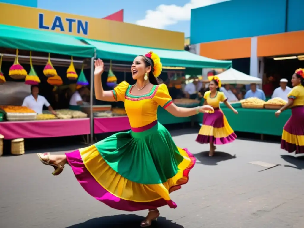 Emocionante danza tradicional en mercado callejero con energía vibrante y trajes coloridos