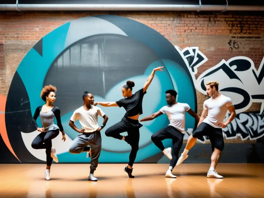 Un emocionante diálogo entre ballet y breakdance, con ballet dancers en pointe y breakdancers en posiciones dinámicas con graffiti de fondo