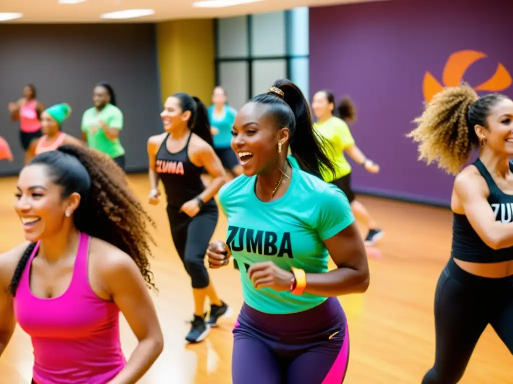 Un emocionante y diverso grupo participa en una animada clase de Zumba, reflejando los beneficios de Zumba para el corazón