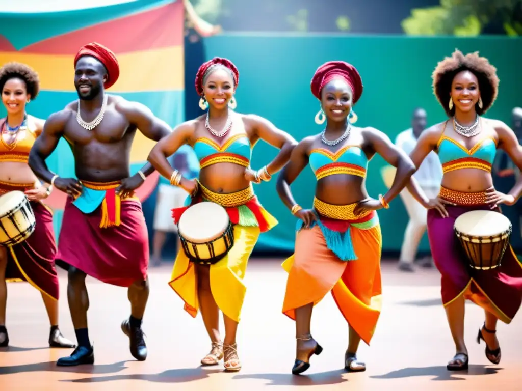 Un emocionante espectáculo de danza africana con elementos distintivos, movimientos dinámicos y una atmósfera vibrante y colorida