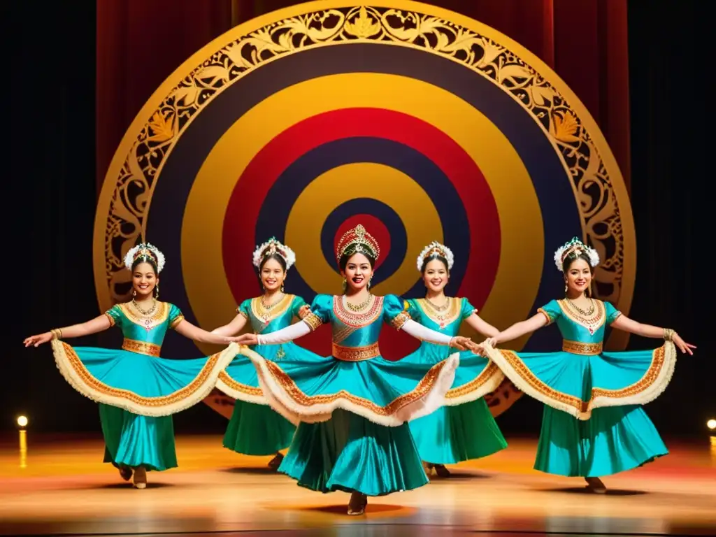 Un emocionante espectáculo de danza multicultural en escenario, con trajes tradicionales vibrantes y movimientos sincronizados