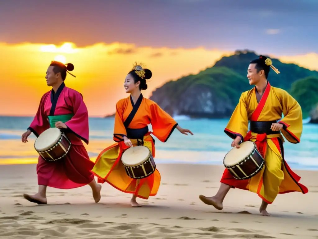 Un emocionante espectáculo de la Danza del Tambor Eisa de Okinawa bajo el vibrante atardecer