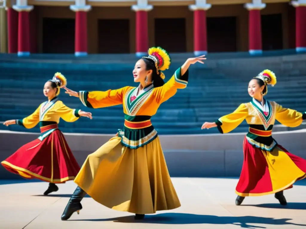 Un emocionante espectáculo de danza tradicional con trajes vibrantes y movimientos sincronizados en un antiguo anfiteatro al aire libre