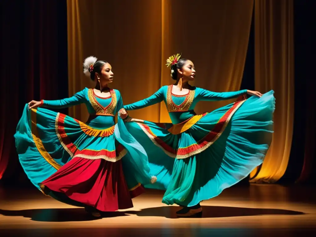 Un emocionante espectáculo de danzas tradicionales del mundo capturado en un escenario atmosférico y vibrante