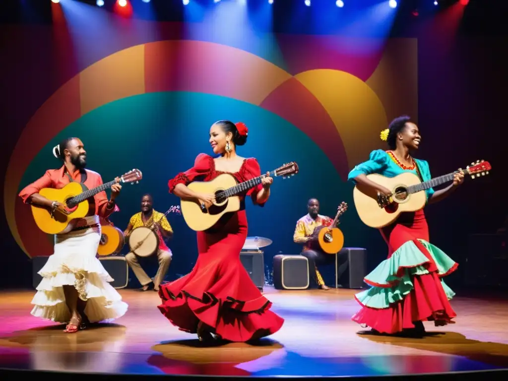 Un emocionante espectáculo de flamenco y música africana en el escenario, con trajes coloridos y una fusión cultural única