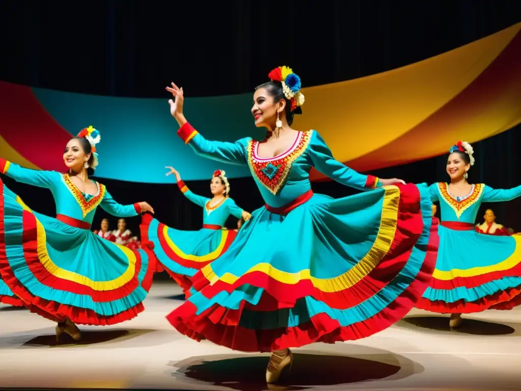 Una emocionante presentación de ballet folklórico profesional con trajes vibrantes, movimientos dinámicos y pasión