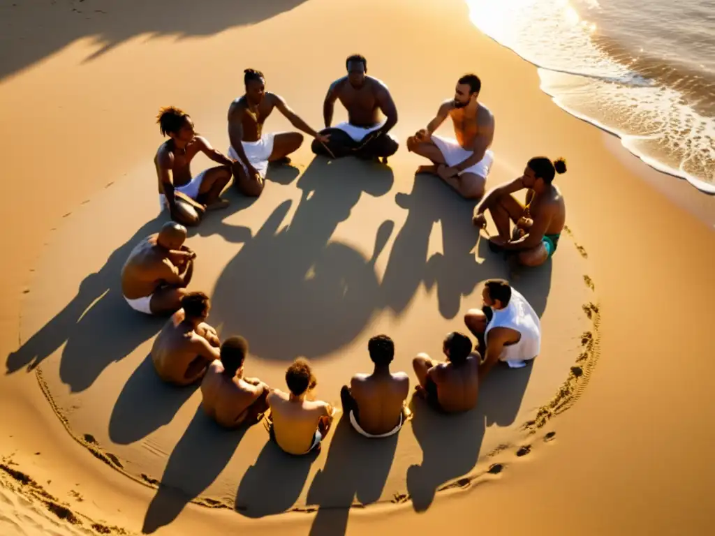 Un emocionante roda de capoeira en la playa al atardecer, reflejando la tradición y la comunidad en la evolución de la capoeira