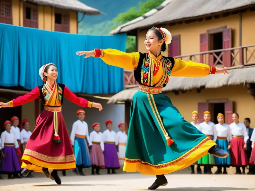 Un emocionante salto de jóvenes bailarines en trajes tradicionales, capturando la belleza del intercambio internacional enseñanza danza tradicional