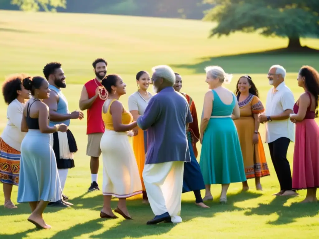 Un emocionante taller de danza multicultural al aire libre, donde participantes de diferentes edades y etnias se unen en armonía