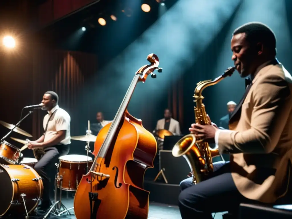 Una emocionante masterclass de swing y jazz cobra vida en una imagen 8k de una banda de jazz actuando en un escenario tenue