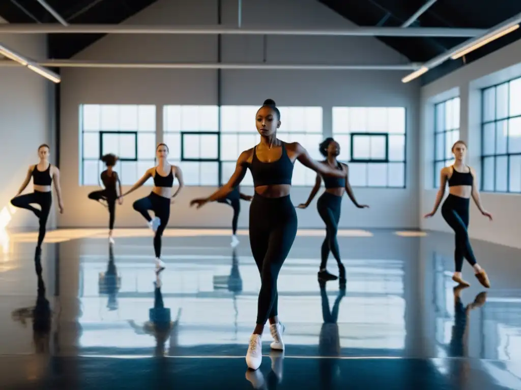 Un emocionante video de técnicas de danza contemporánea, con bailarines expresivos y dinámicos en un estudio industrial con luz natural