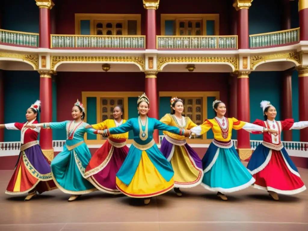 Baile tradicional: Fusión cultural en movimiento Emotiva colaboración artística internacional en danzas tradicionales en un teatro histórico
