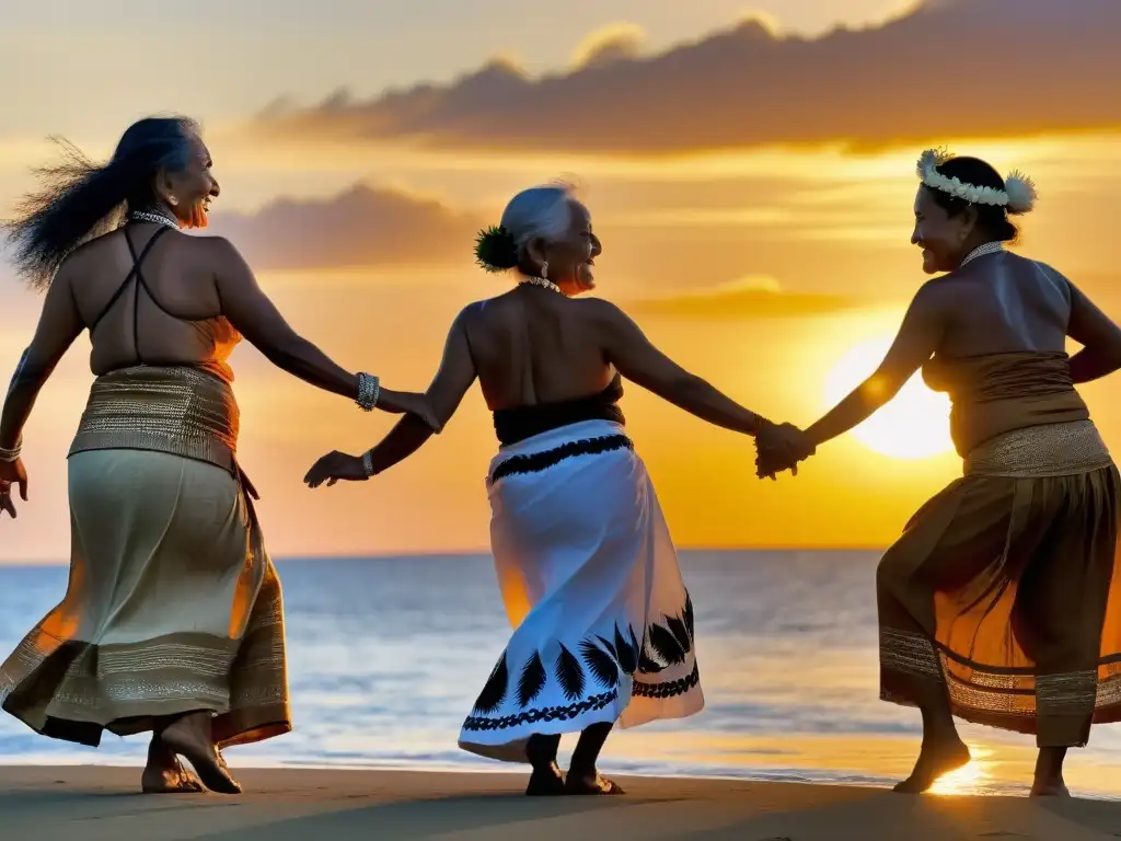 Emotiva danza oceánica al atardecer, resaltando la importancia de ancianos en danzas oceánicas