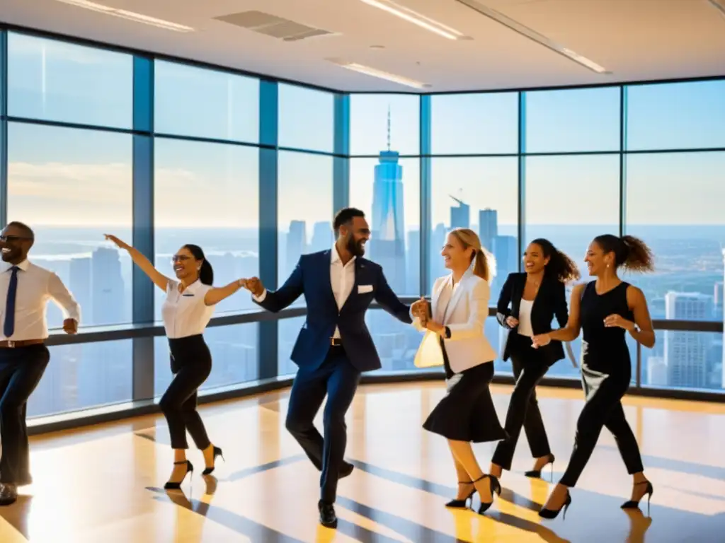 Empleados realizan actividad de danza en oficina, integrando la danza en la cultura organizacional con entusiasmo y coordinación