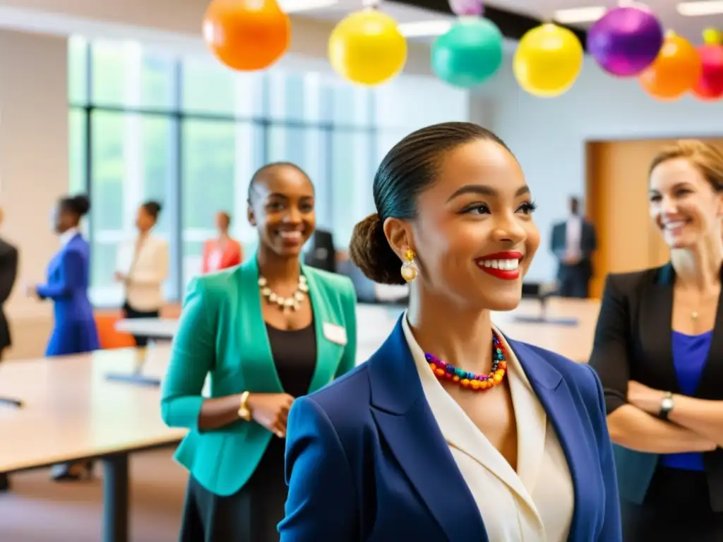 Empleados en sala brillante con accesorios temáticos para danza, demostrando creatividad y trabajo en equipo