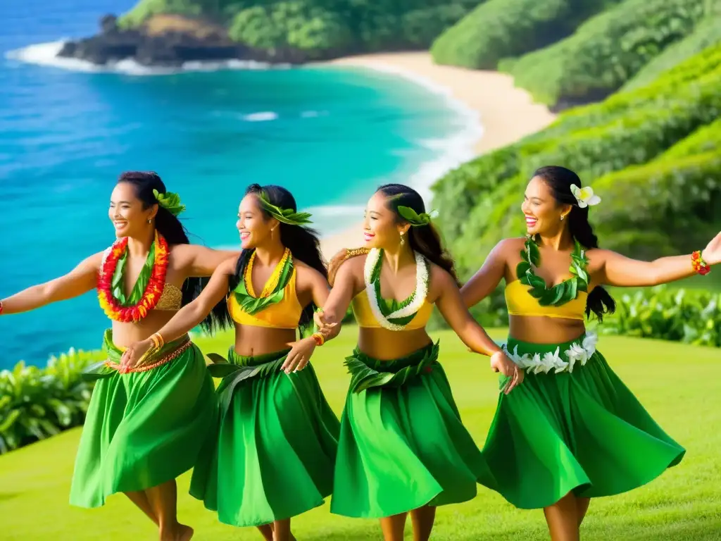 El encanto de la danza hula hawaiana en un escenario natural exuberante con vistas al océano Pacífico