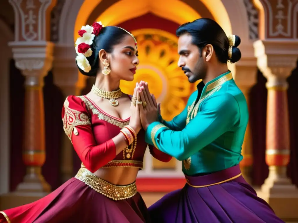 Un encuentro de danza Kathak y flamenco, con trajes vibrantes y expresiones intensas, representando la huella del Flamenco en Kathak