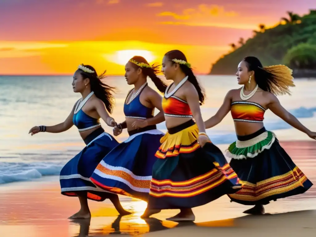 Encuentro de Danzas del Pacífico en Guam: Grupo de bailarines con trajes tradicionales, moviéndose graciosamente al atardecer frente al mar