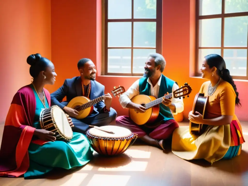 Encuentros VIP con Músicos de Danzas Mundiales reunidos en círculo, mostrando su pasión por la diversidad musical y la camaradería