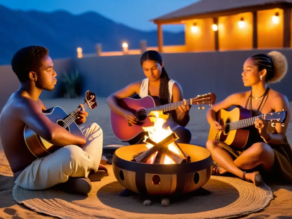 Encuentros VIP con Músicos de Danzas Mundiales reunidos alrededor del fuego, listos para compartir sus talentos musicales en una noche estrellada