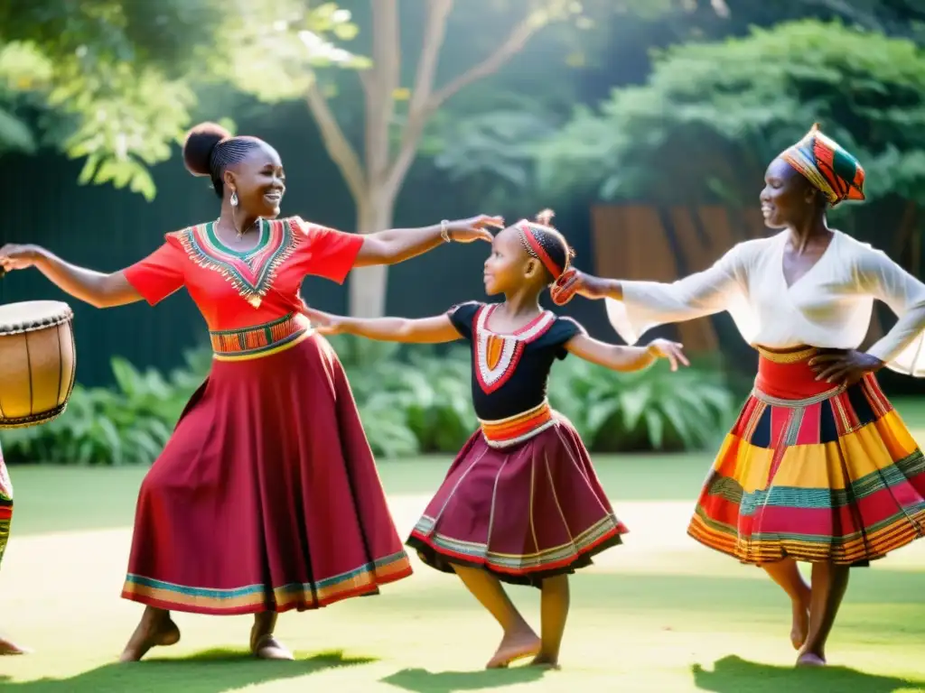 Enérgica danza africana con tres generaciones bailando en círculo al ritmo del tambor, transmitiendo sabiduría y aprendizaje intergeneracional